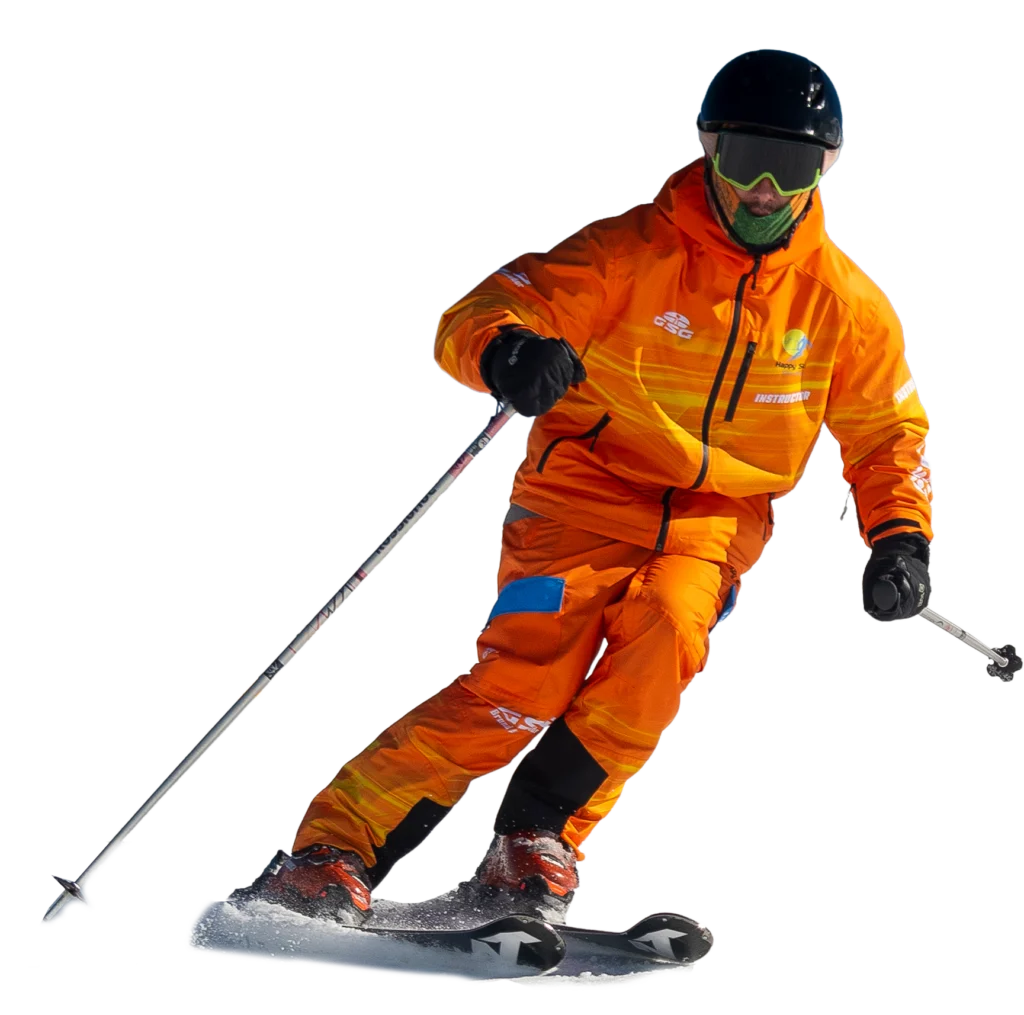 Esquiador de Happy Ski con uniforme naranja